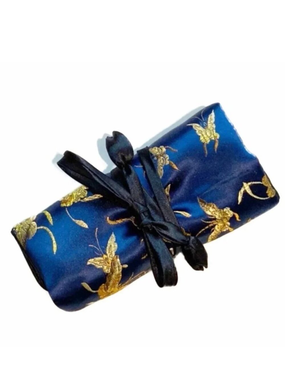 VINTAGE Blue Gold Butterfly Satin Jewelry Roll Travel Case Organizer